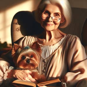Elderly Lady Relaxing with Yorkshire Terrier | Serene Reading Moment
