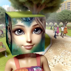 Young Girl with Cube-Shaped Head Enjoying City Park