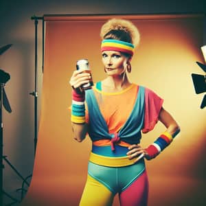 Vintage 80's Woman in Workout Gear with Beer