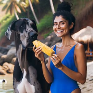 Hispanic Female in Blue Swimsuit with Great Dane