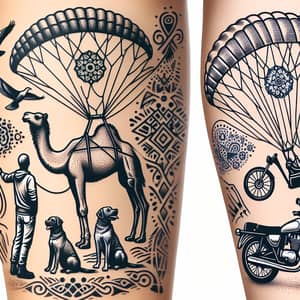 Travel-inspired Arm Tattoo Design with Camel, Paraglider, Dogs & Motorcycle