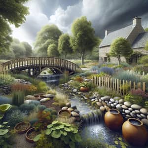 Idyllic Rural Landscape Design with Rustic Wooden Bridge and Drainage Systems