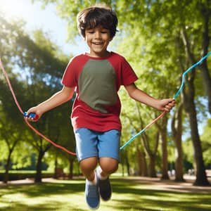 Young Hispanic Boy Joyfully Skipping Colorful Rope in Park