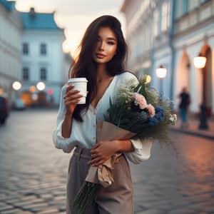 Serenity at Dawn: South Asian Girl with Flowers and Coffee