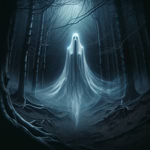 Ghostly Figure in Dark Misty Forest