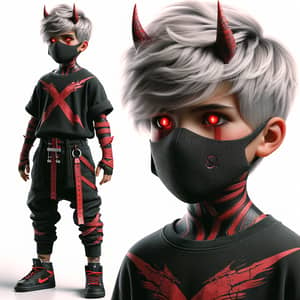 Young Caucasian Boy with Stark White Hair and Sinister Black Mask