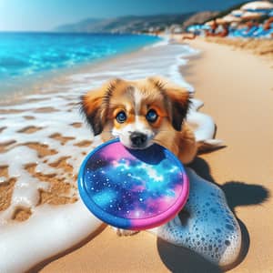 Adorable Dog Playing with Frisbee on Sunny Beach