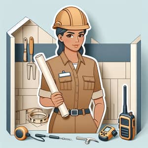 Strong Female Construction Foreman Illustration | Leader with Blueprint & Walkie-Talkie