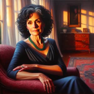 Middle-Aged Woman Oil Painting in Navy Blue Dress