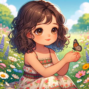 Cute Hispanic Girl in Summer Dress with Butterfly in Wildflower Field