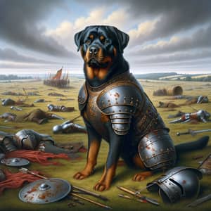 Rottweiler in Armor on Battlefield - Resilient Canine Warrior
