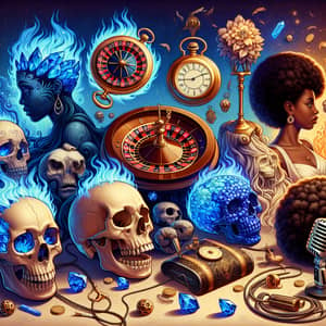 Mystical Scene with Burning Skulls, Roulette & Diverse Women