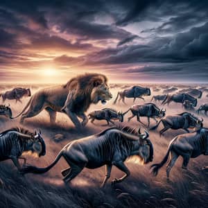 Majestic Lions Hunting in the African Plains at Twilight