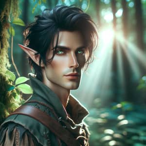 Elf Man with Black Hair and Green Eyes in Enchanted Forest