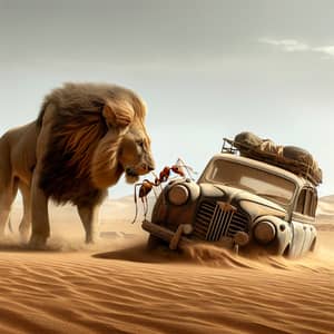 Desert Scene with Weathered Car, Majestic Lion, and Resilient Ant