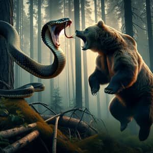 Wilderness Battle: Snake vs Bear - Tense Encounter in Forest