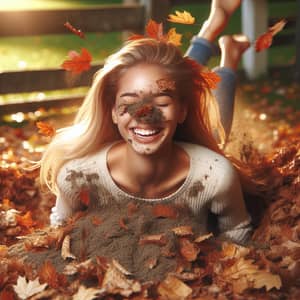 Laughing Girl Falling into Pile of Leaves