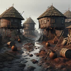 Desolate Rural Settlement | Round Brown Houses, Fishing Nets & Decay
