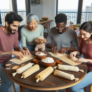 Multicultural Group Hand-Making Tamales in San Francisco