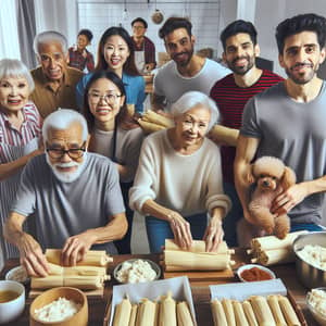Multicultural Group Hand-Making Tamales in San Francisco Apartment