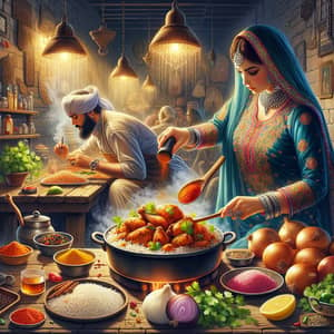 Vibrant South Asian Kitchen Scene with Spices and Ingredients