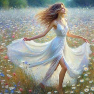Young Woman Dancing in Field of Wildflowers | Tranquil Impressionist Scene