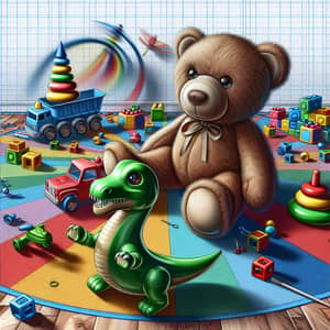 Colorful Toy Illustration with Teddy Bear, Dinosaur, and Car