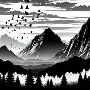 Scenic Silhouette of Large Mountains with Flock of Birds