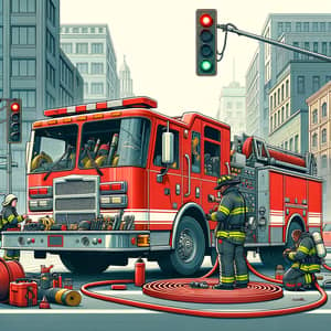 Urban Firefighters: Red Fire Truck in City Street