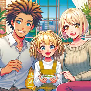 Vibrant Family Illustration in Japanese Anime Style