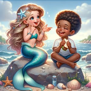 Enchanting Scene of Young Girl with Mermaid Tail and Boy by the Sea