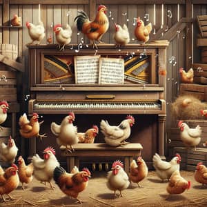 Quaint and Lively Chickens Playing with Piano