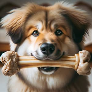 Fluffy Medium-Sized Dog Holding Chewed-Up Bone