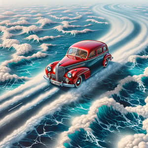 Vintage Red Car Driving Over Blue Sea | Daytime Adventure