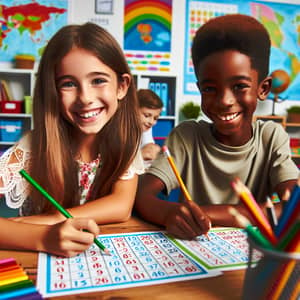Colorful Classroom: Smiling Kids Engaging with Multiplication Tables