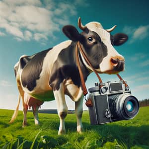 Playful Cow with Vintage Camera in Green Meadow