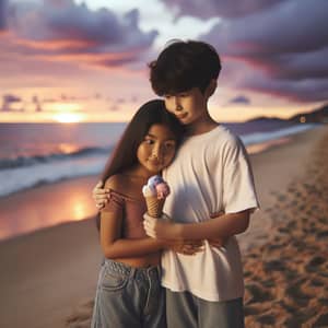 Sunset Beach Love: Kids with Ice Cream Embrace, Ocean Sunset View