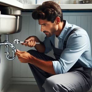 Professional Hispanic Male Plumber Fixing Leaky Pipe | Expert Service