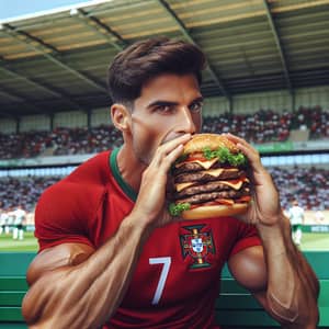 Muscular Male Footballer Biting Into Giant Hamburger