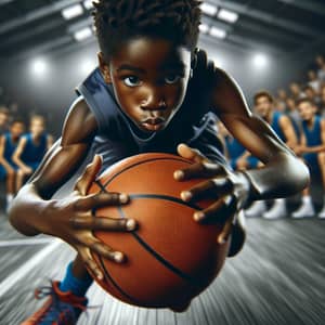 Young African Boy Playing Basketball with Intense Focus