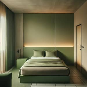 Cozy Minimalistic Hotel Room with Green Bedding
