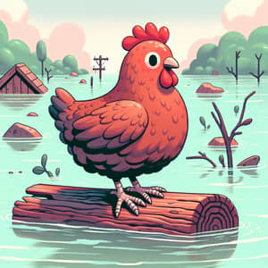 Whimsical Chicken Floating on Driftwood in Surreal Floodscape