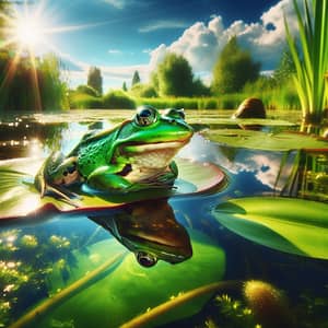 Vibrant Green Frog on Lily Pad in Serene Pond Setting