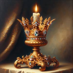 Vintage-style Oil Painting of Golden Candlestick with Majestic Crown
