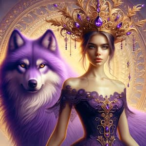 Majestic Woman with Crown and Violet Wolf - Fantasy Enchantment