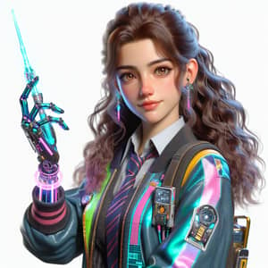 Cyberpunk-inspired Female Character with Wavy Brown Hair