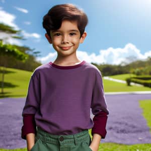 Charming South Asian Boy in Purple Shirt and Green Pants