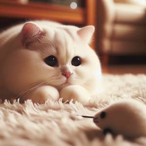 Chubby White Cat on Fluffy Rug - Warmth & Coziness