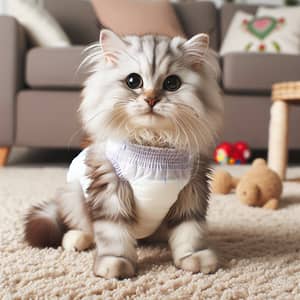 Adorable Cat in Disposable Diaper | Playful Feline on Carpet