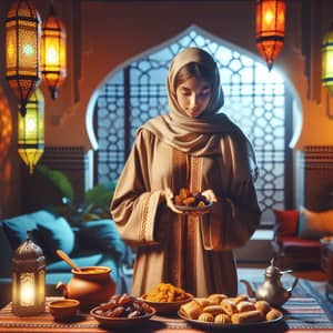 Moroccan Woman Celebrating Ramadan with Traditional Iftar Meal